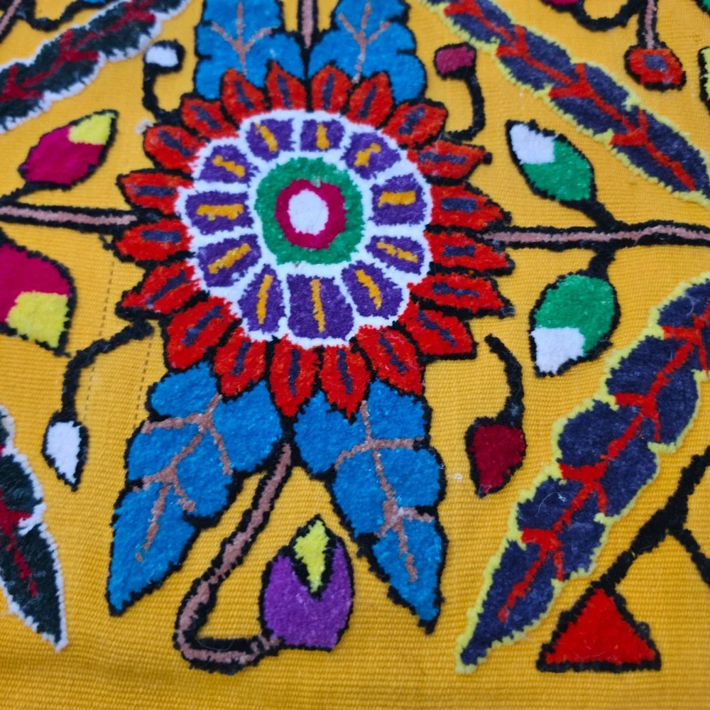 Vintage Mexican Otomi Tenango Hand Embroidered Floral Bird Textile Yellow 43x26